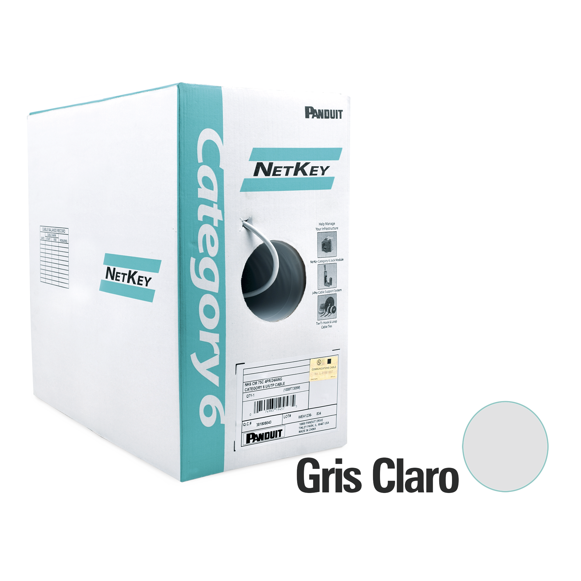 Bobina de Cable UTP 305 m. de Cobre, NetKey, Reelex, Gris, Categoría 6 (24 AWG), 1000Mbps, PVC (CM), de 4 pares Bobina de Cable UTP 305 m. de Cobre, NetKey, Reelex, Gris, Categoría 6 (24 AWG), 1000Mbps, PVC (CM), de 4 pares